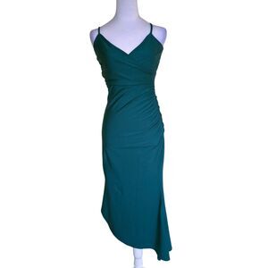 Windsor Teal Ruched Bodycon Midi Dress Spaghetti Asymmetrical V Hoco Y2K Fairy